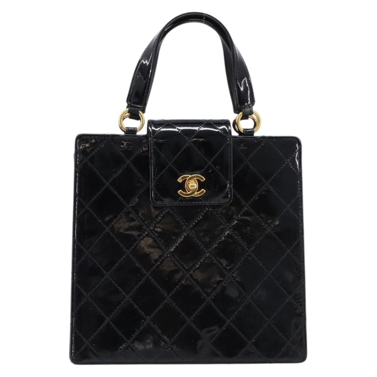 CHANEL Matelasse Hand Bag Patent Leather Black Gold CC Auth bs38065