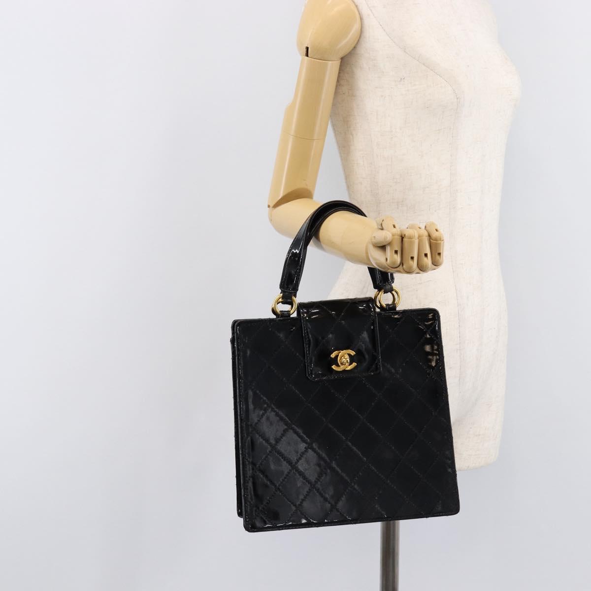 CHANEL Matelasse Hand Bag Patent Leather Black Gold CC Auth bs38065
