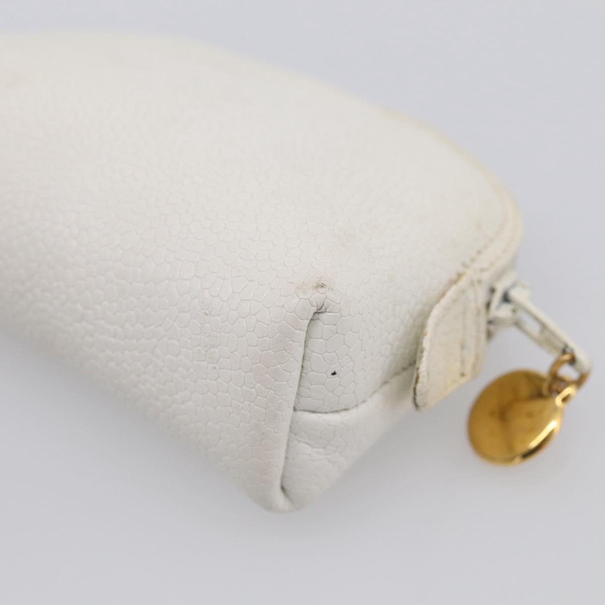CHANEL Pouch Caviar Skin White Gold CC Auth bs38066