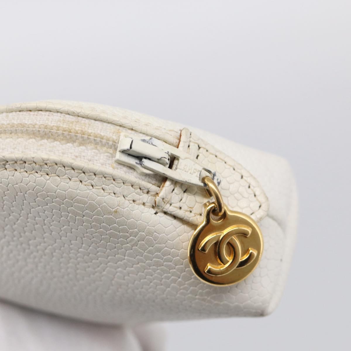 CHANEL Pouch Caviar Skin White Gold CC Auth bs38066