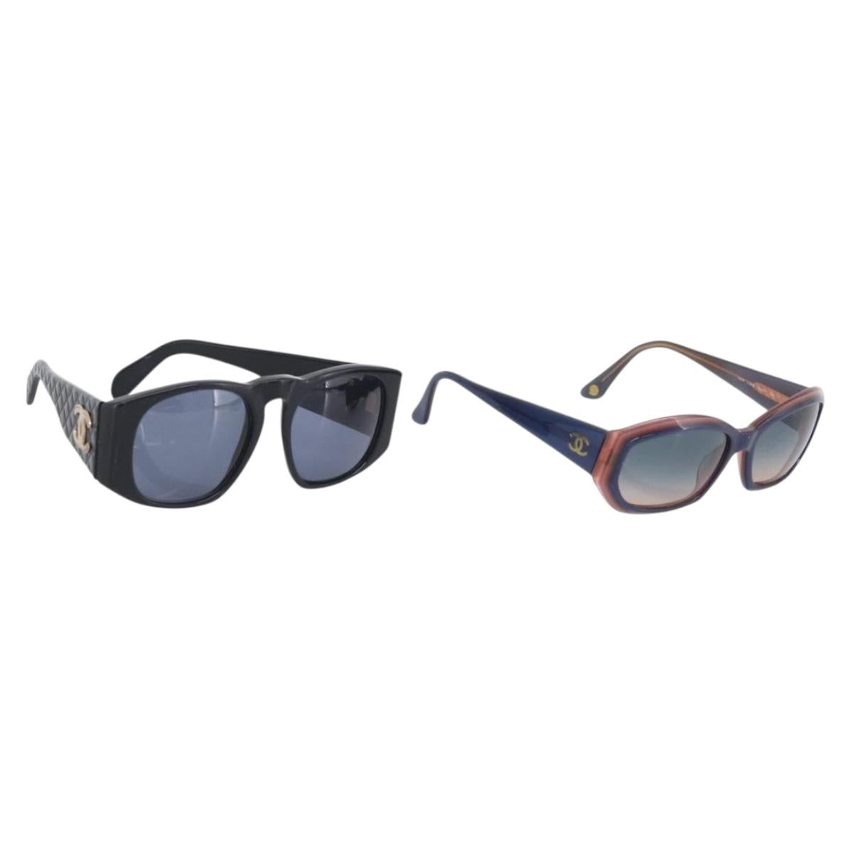 CHANEL Sunglasses Plastic 2 Set Black Blue CC Auth bs38070
