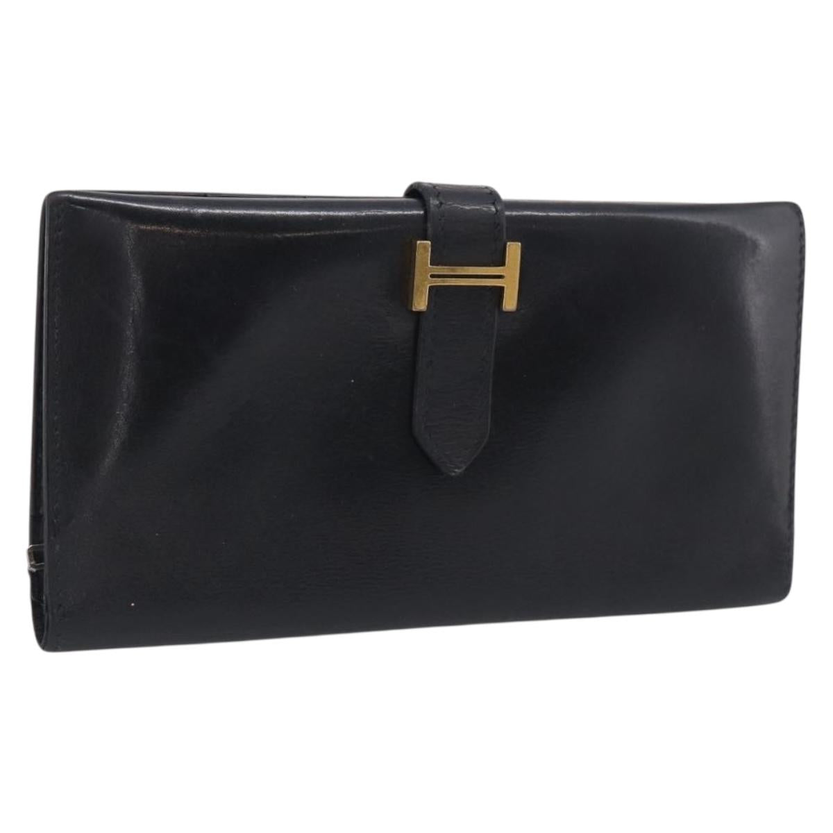 HERMES Bairn Classic Long Wallet Leather Black Gold Auth bs38071