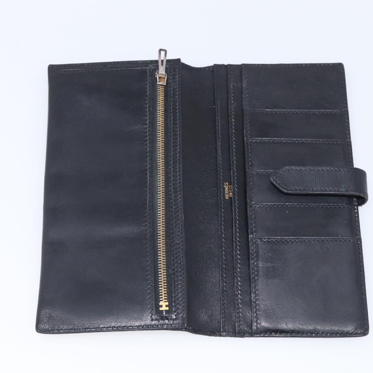 HERMES Bairn Classic Long Wallet Leather Black Gold Auth bs38071