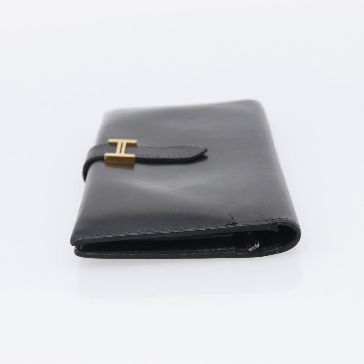 HERMES Bairn Classic Long Wallet Leather Black Gold Auth bs38071