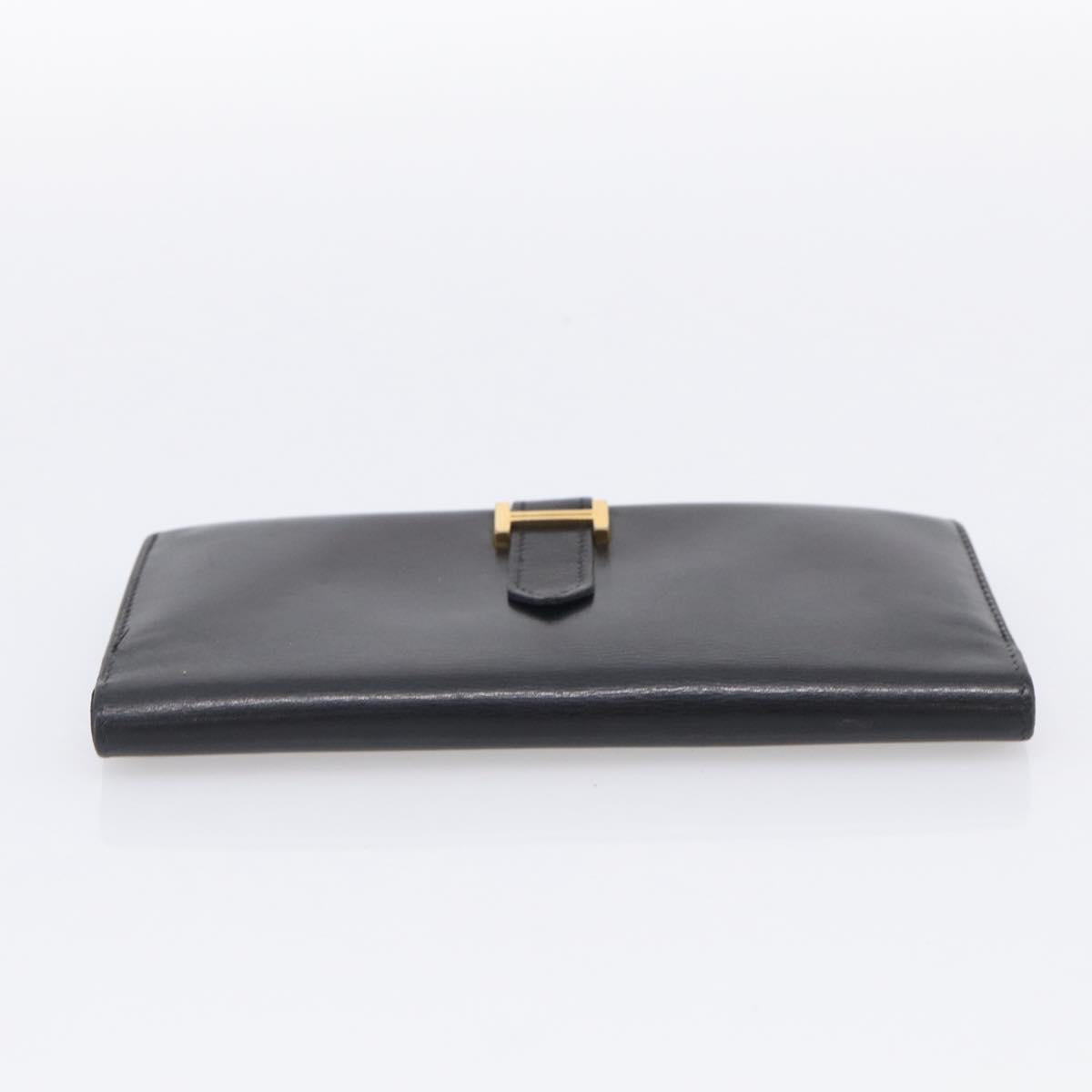 HERMES Bairn Classic Long Wallet Leather Black Gold Auth bs38071