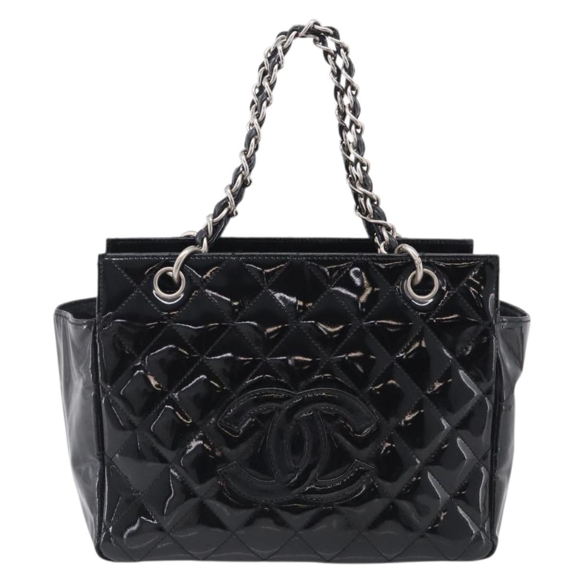 CHANEL Chain Matelasse Shoulder Bag Patent Leather Black Silver CC Auth bs38075
