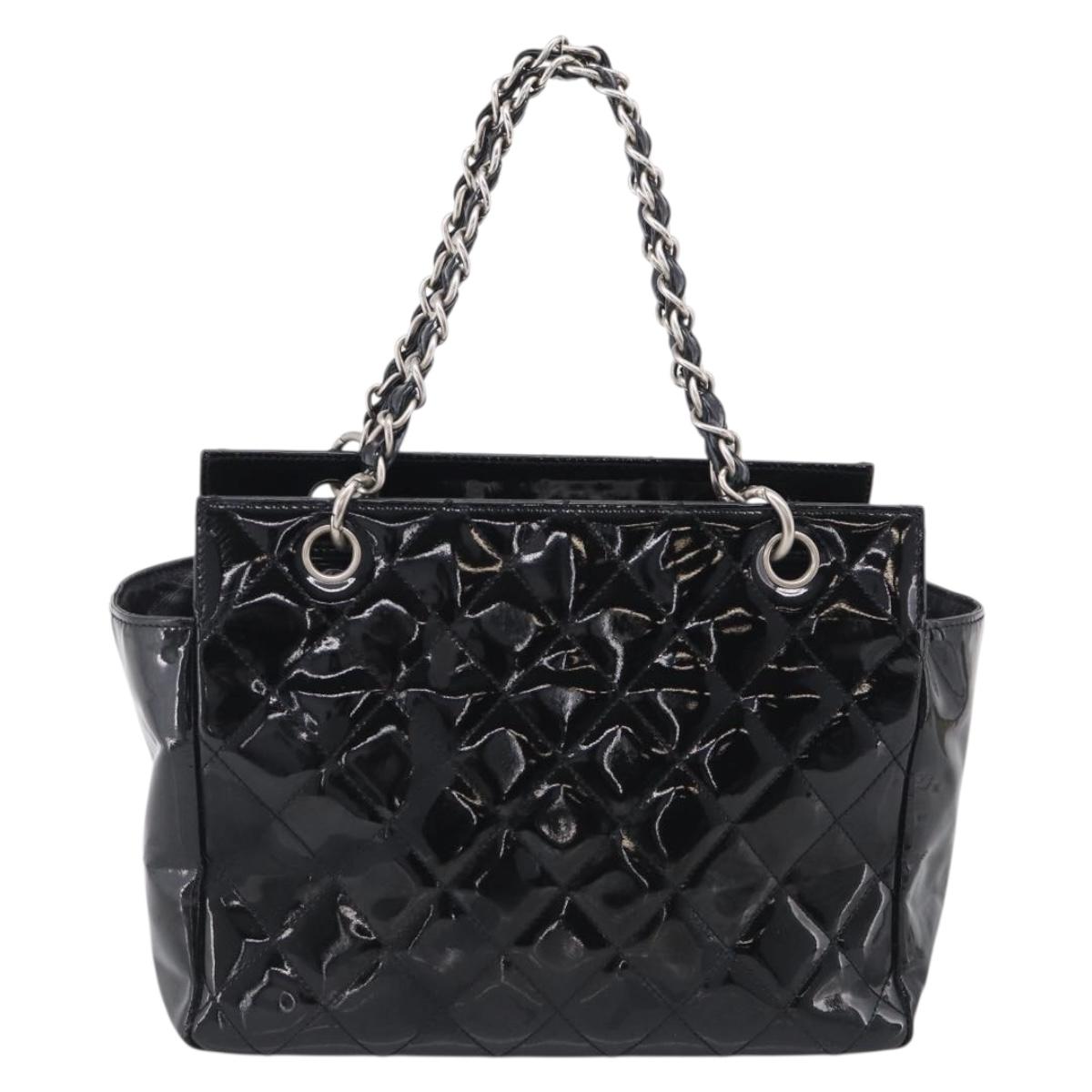 CHANEL Chain Matelasse Shoulder Bag Patent Leather Black Silver CC Auth bs38075