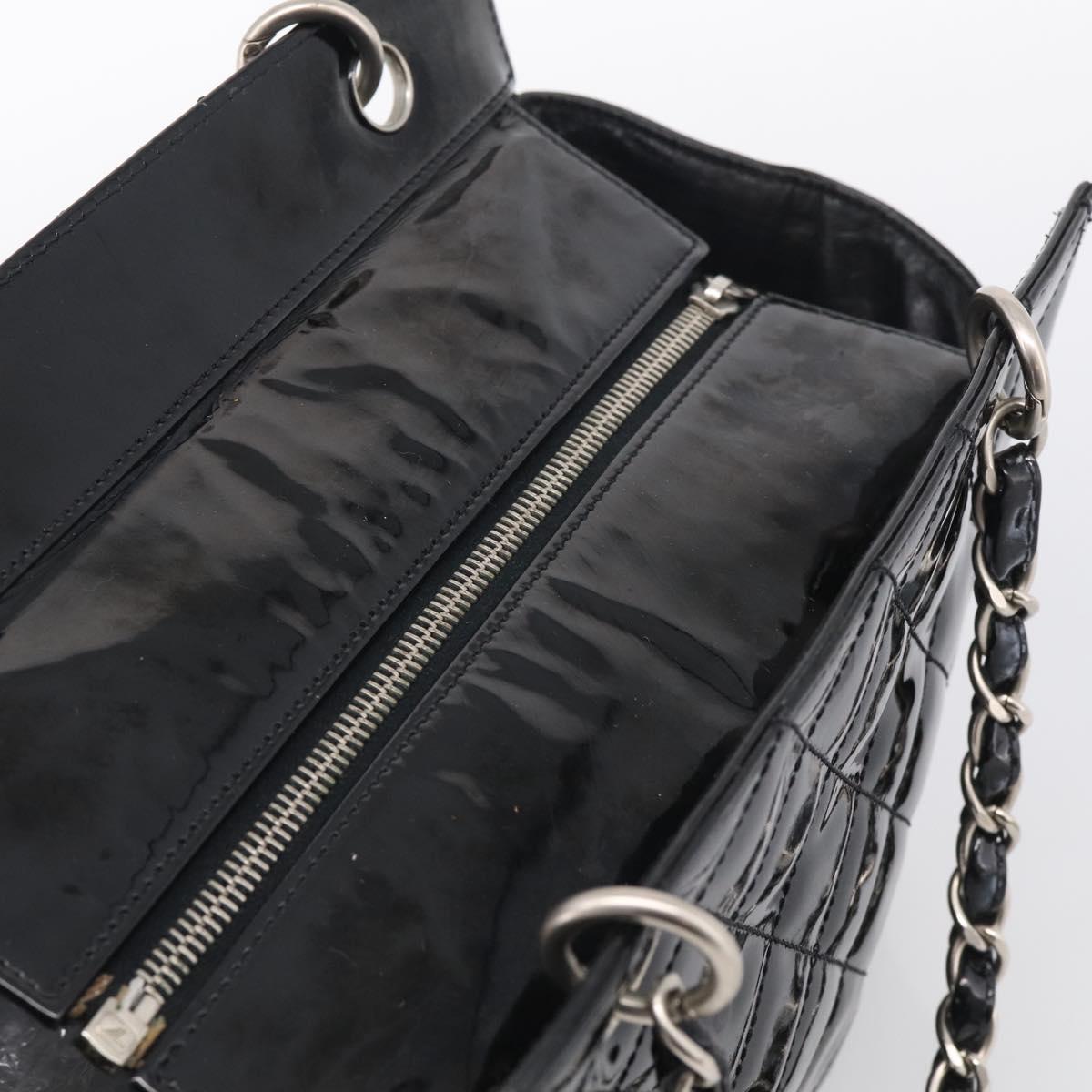 CHANEL Chain Matelasse Shoulder Bag Patent Leather Black Silver CC Auth bs38075