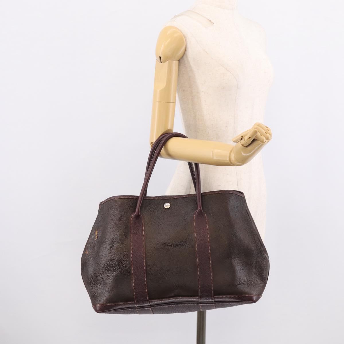 HERMES Amazonia Garden Party PM Hand Bag Leather Brown Silver Auth bs38084