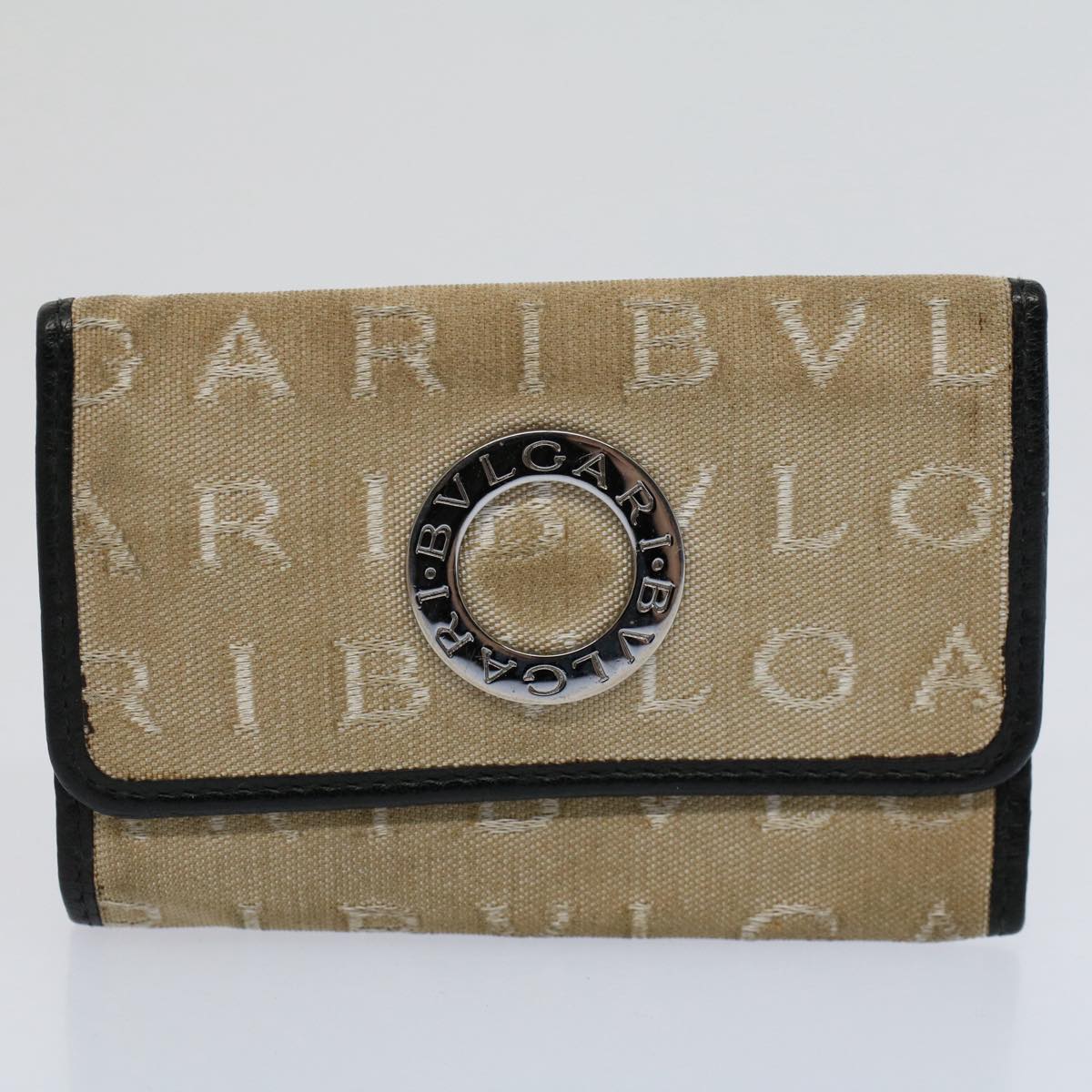 BVLGARI Wallet Leather 4 Set Black Beige Auth bs9872