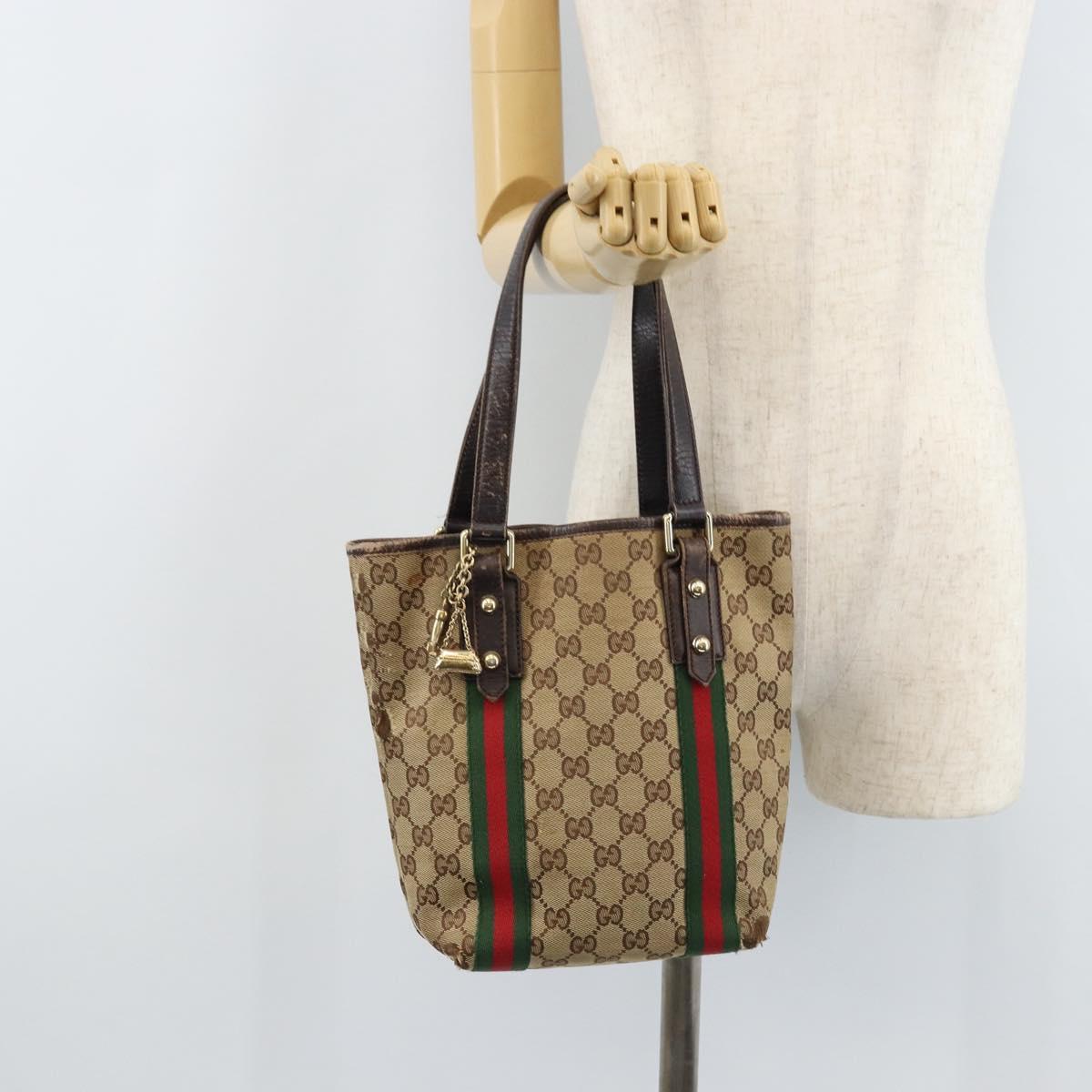 GUCCI GG Canvas Web Sherry Line Hand Bag Beige Gold 162898 Auth BSZ007
