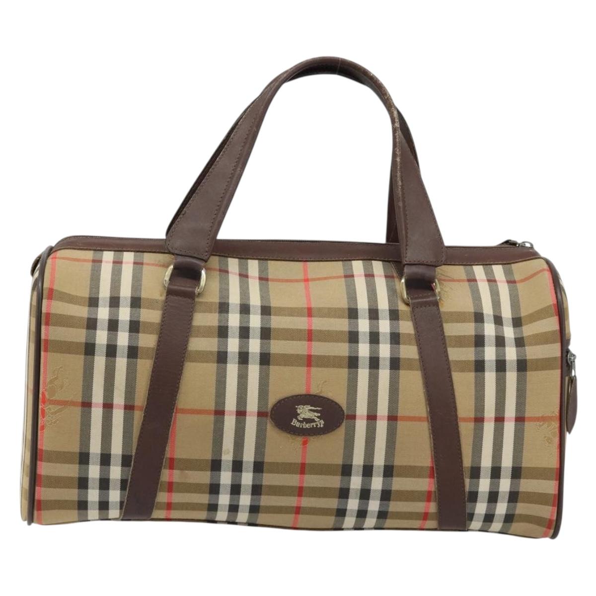 Burberrys Nova Check Boston Bag Canvas Beige Gold Auth BSZ021
