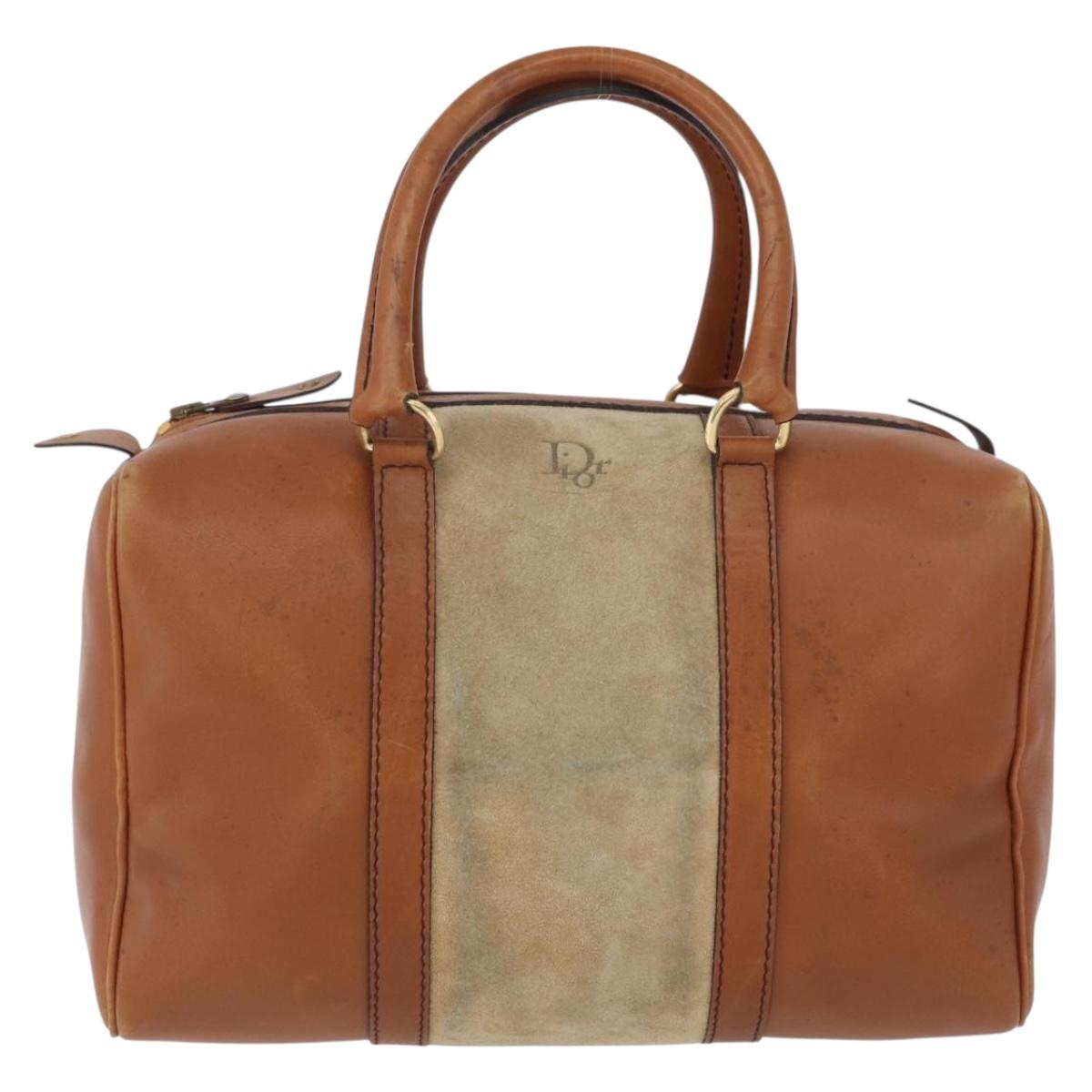 Christian Dior Hand Bag Suede Leather Brown Gold Auth BSZ024