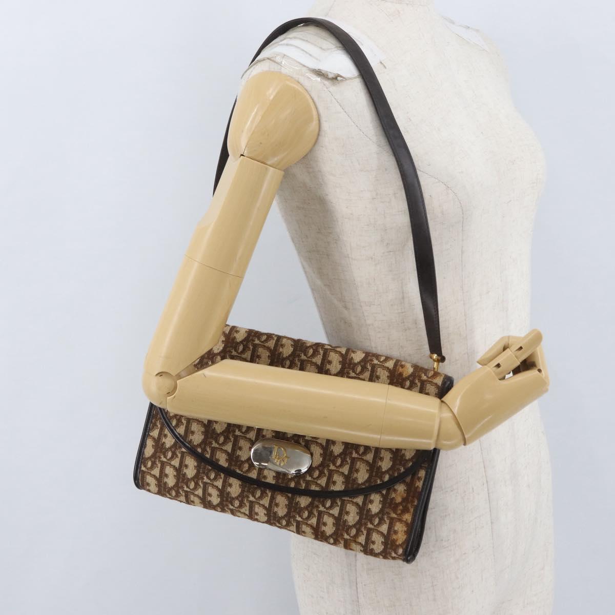 Christian Dior Trotter Canvas Shoulder Bag Brown Gold Auth BSZ029
