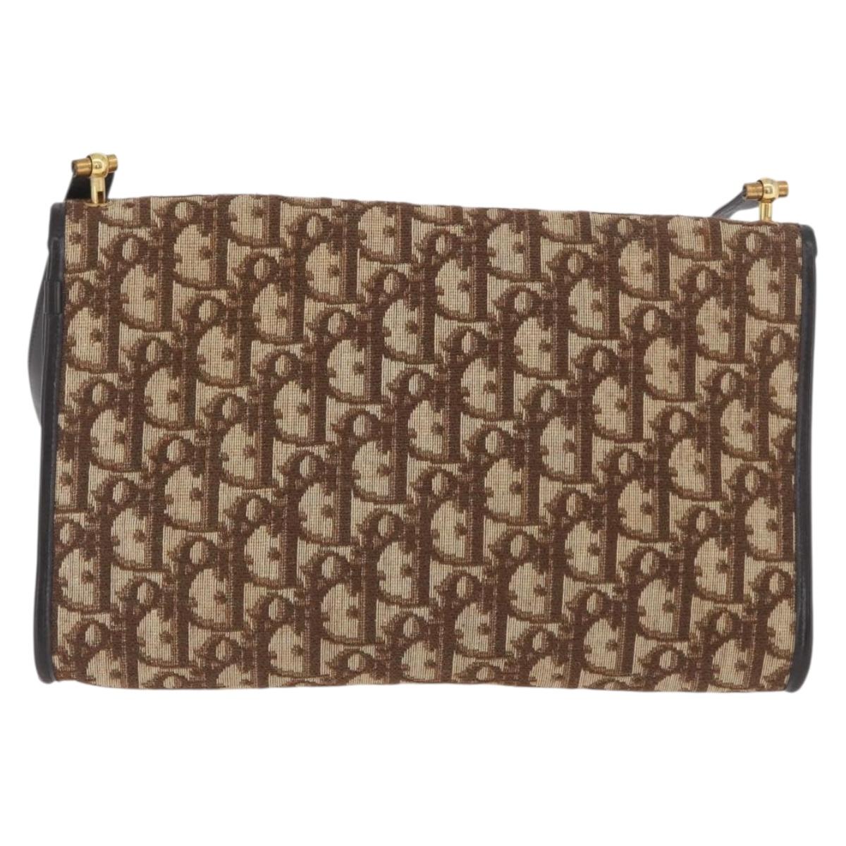 Christian Dior Trotter Canvas Shoulder Bag Brown Gold Auth BSZ029