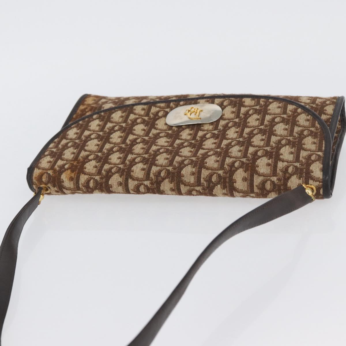 Christian Dior Trotter Canvas Shoulder Bag Brown Gold Auth BSZ029