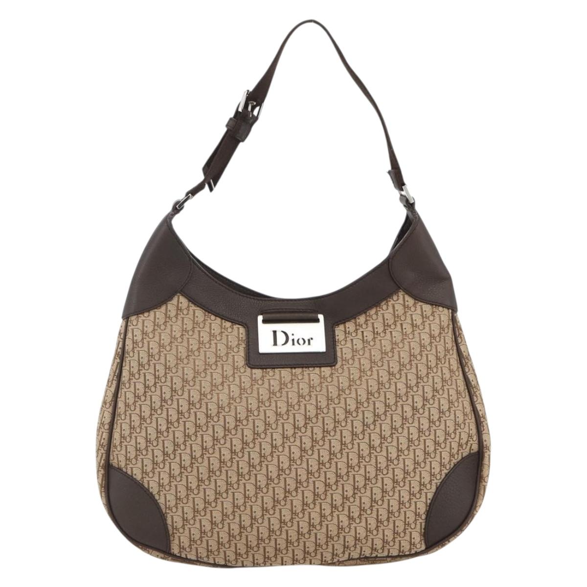 Christian Dior Trotter Canvas Shoulder Bag Beige Silver Auth BSZ033SAV
