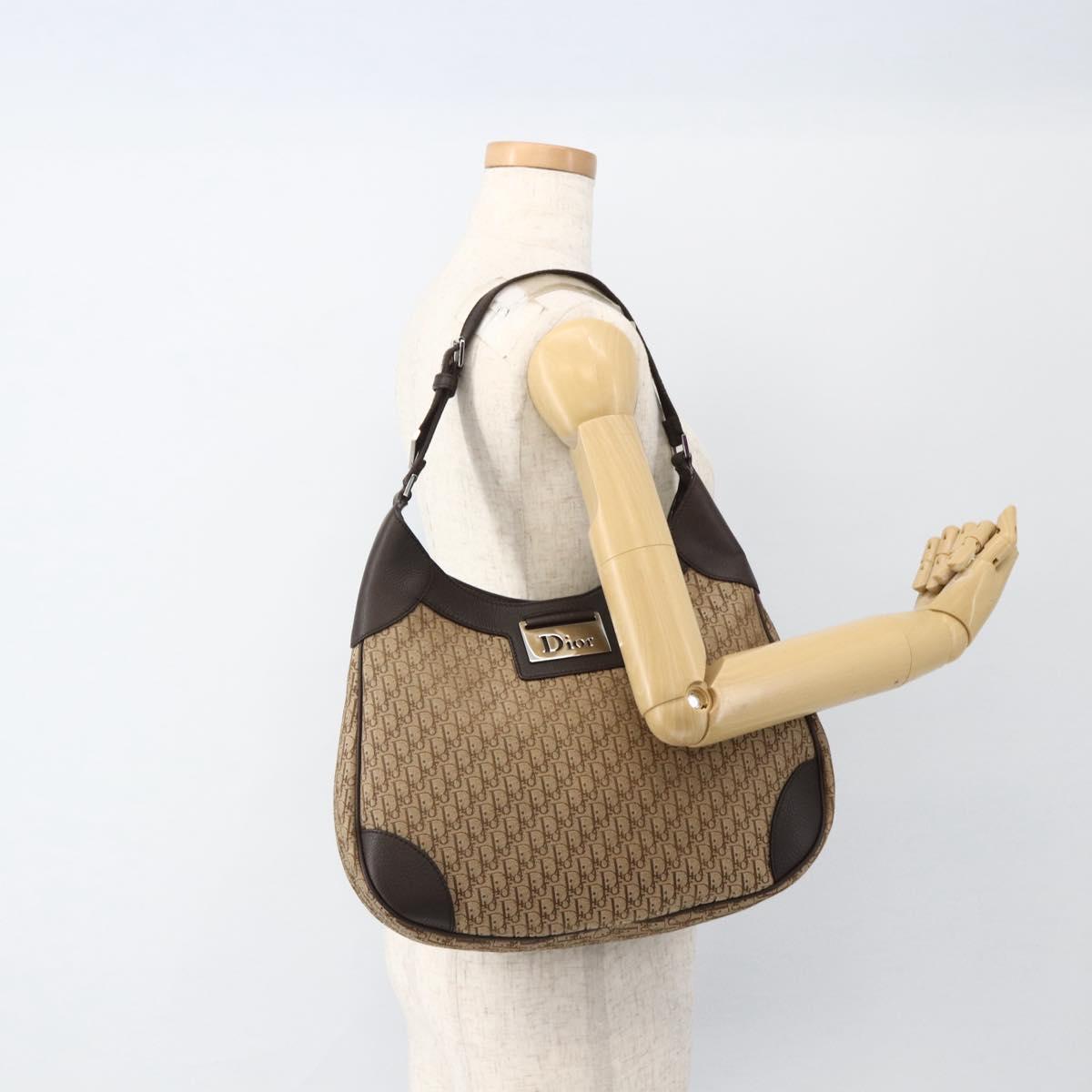 Christian Dior Trotter Canvas Shoulder Bag Beige Silver Auth BSZ033SAV
