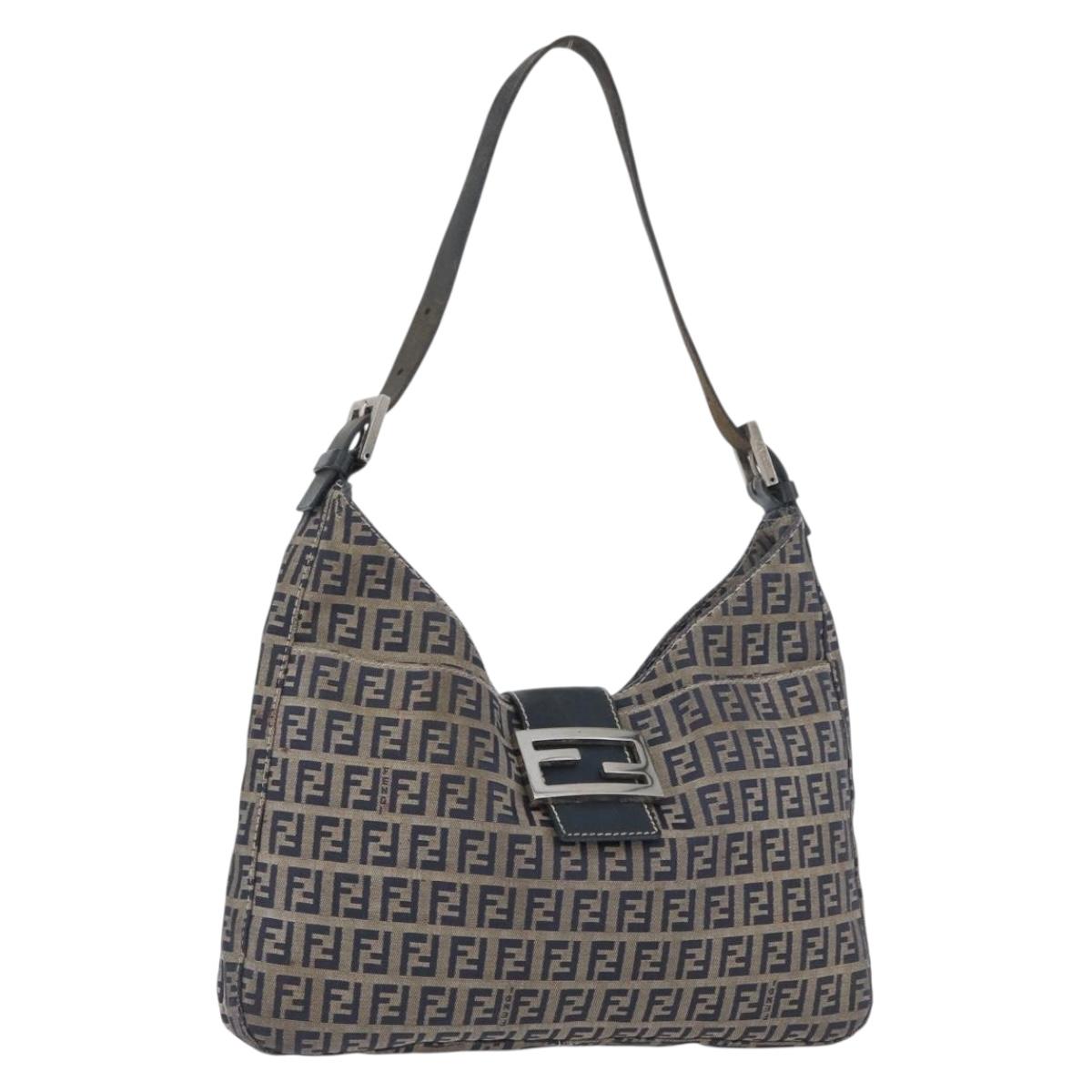 FENDI Zucchino Canvas Mamma Baguette Hand Bag Navy Silver Auth BSZ047