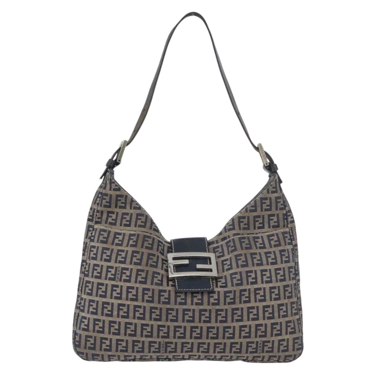 FENDI Zucchino Canvas Mamma Baguette Hand Bag Navy Silver Auth BSZ047