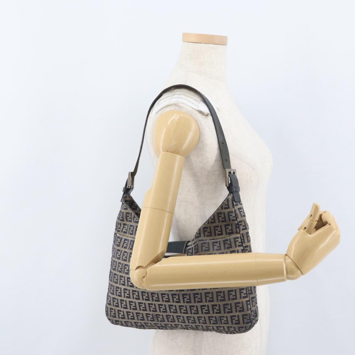 FENDI Zucchino Canvas Mamma Baguette Hand Bag Navy Silver Auth BSZ047