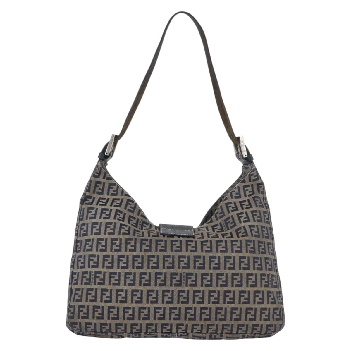 FENDI Zucchino Canvas Mamma Baguette Hand Bag Navy Silver Auth BSZ047