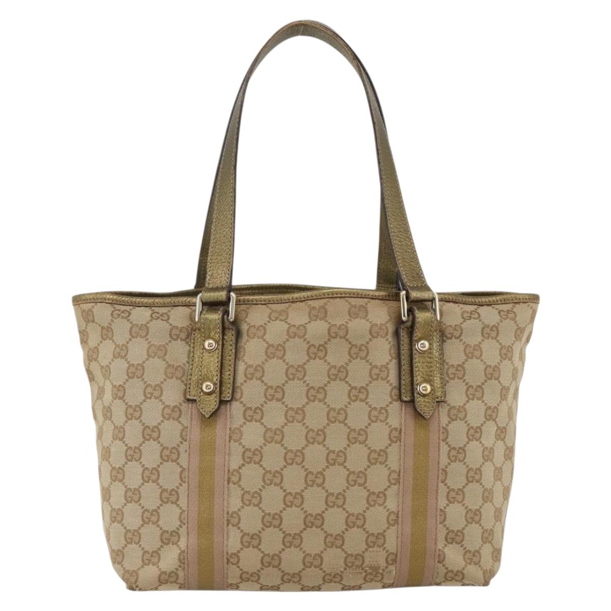 GUCCI GG Canvas Sherry Line Tote Bag Beige Gold 137396 Auth BSZ069
