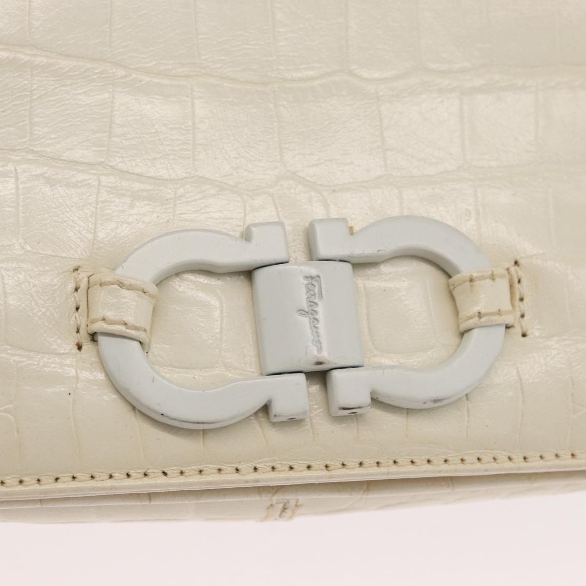 Salvatore Ferragamo Gancini Shoulder Bag Embossed leather White Gold Auth BSZ079