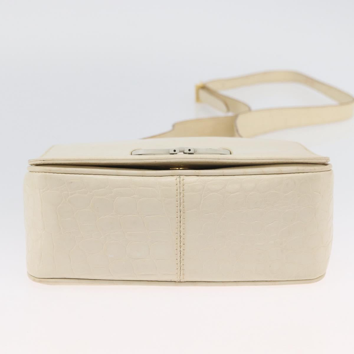 Salvatore Ferragamo Gancini Shoulder Bag Embossed leather White Gold Auth BSZ079