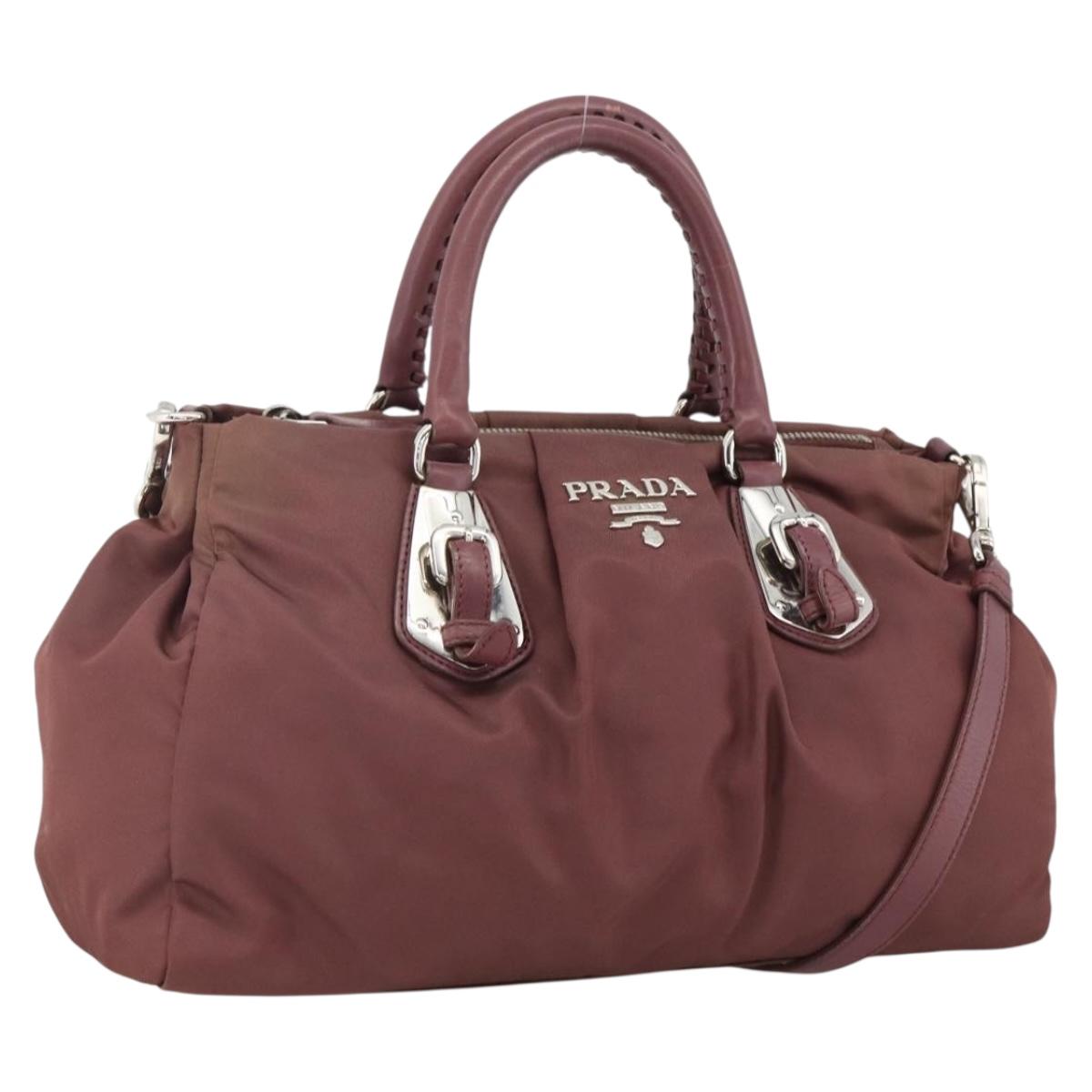 PRADA Hand Bag Nylon 2way Bordeaux Silver Auth BSZ102A