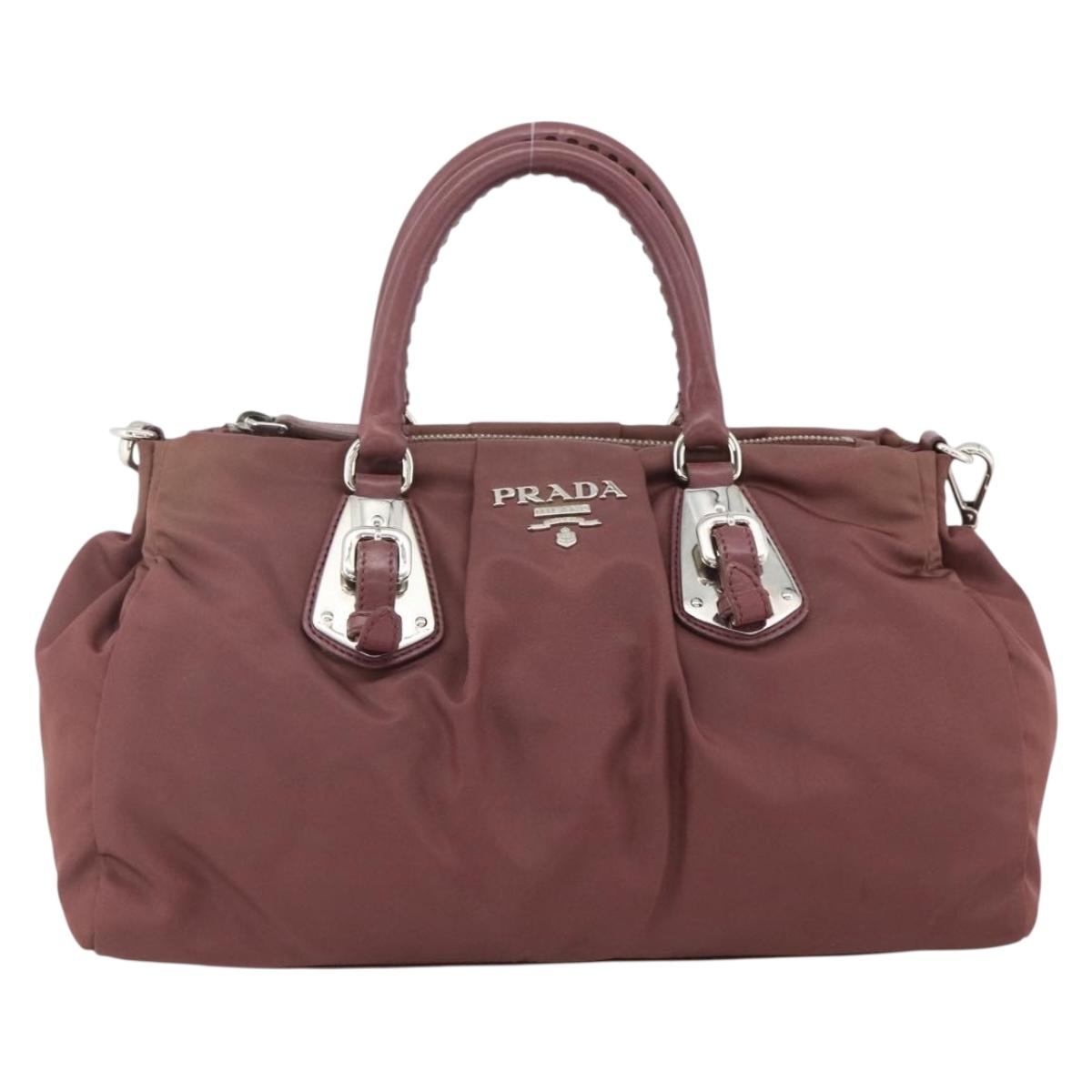 PRADA Hand Bag Nylon 2way Bordeaux Silver Auth BSZ102A
