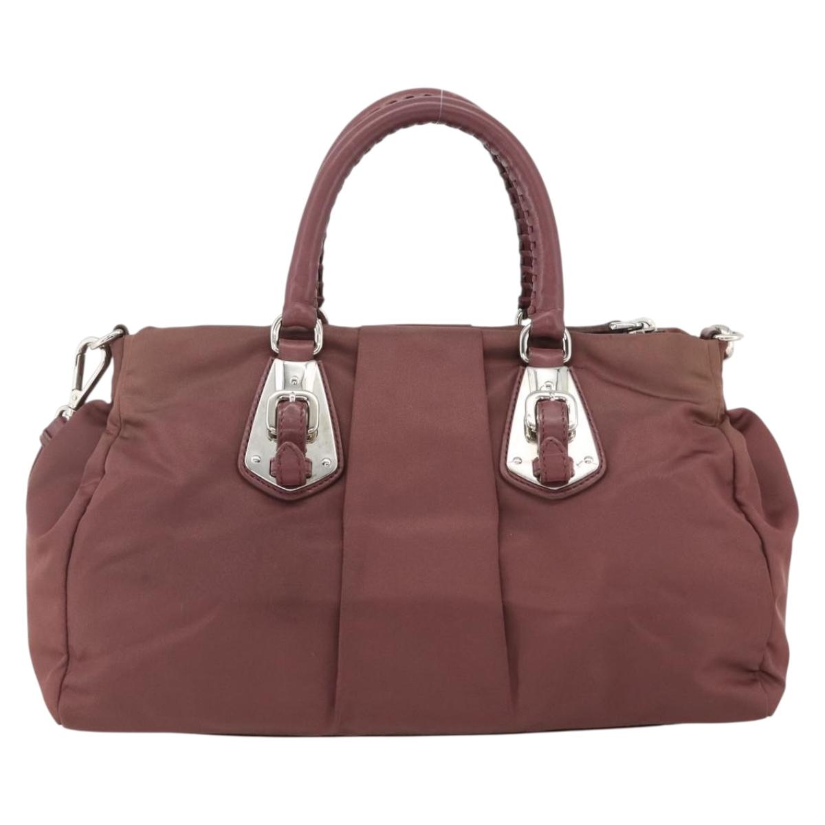 PRADA Hand Bag Nylon 2way Bordeaux Silver Auth BSZ102A