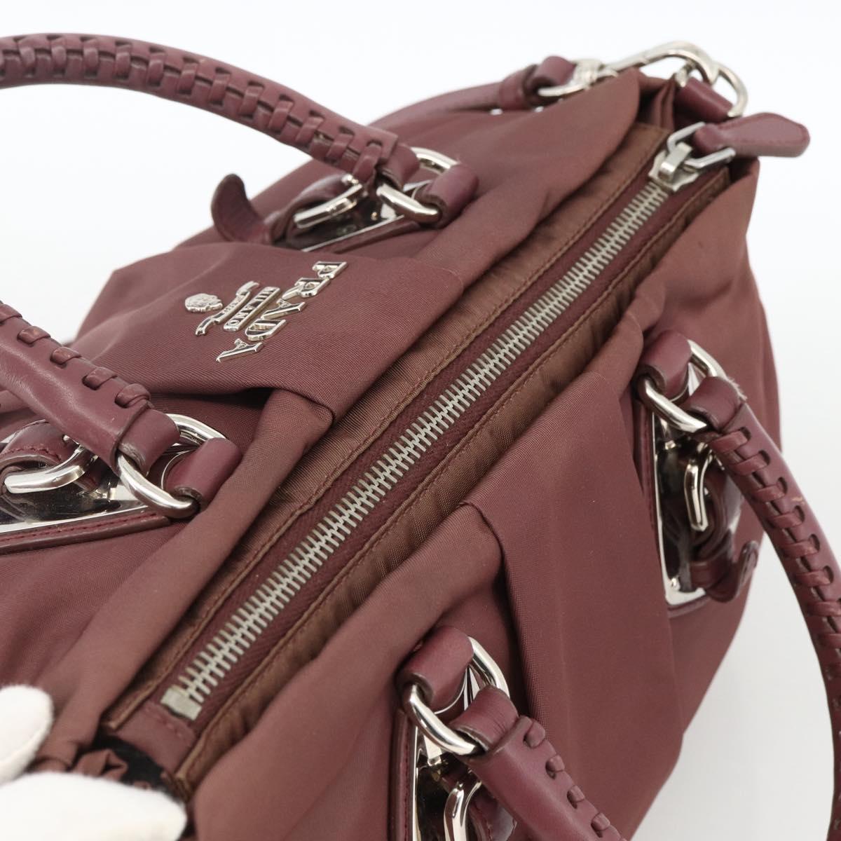PRADA Hand Bag Nylon 2way Bordeaux Silver Auth BSZ102A