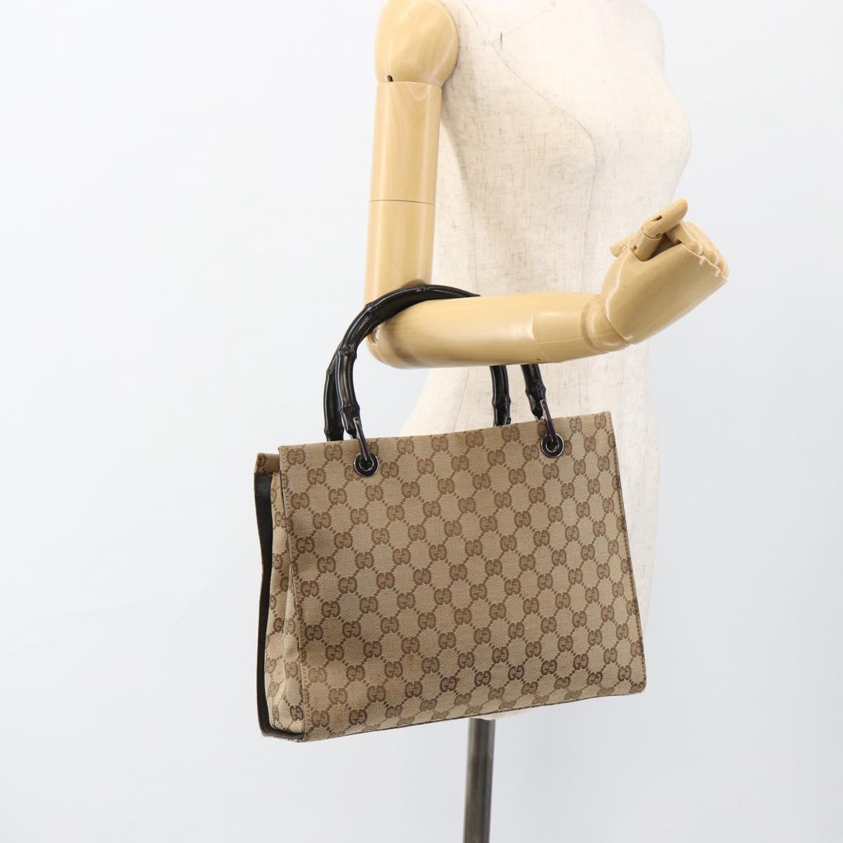 GUCCI GG Canvas Bamboo Hand Bag Nylon Beige Silver 002 1016 Auth BSZ113