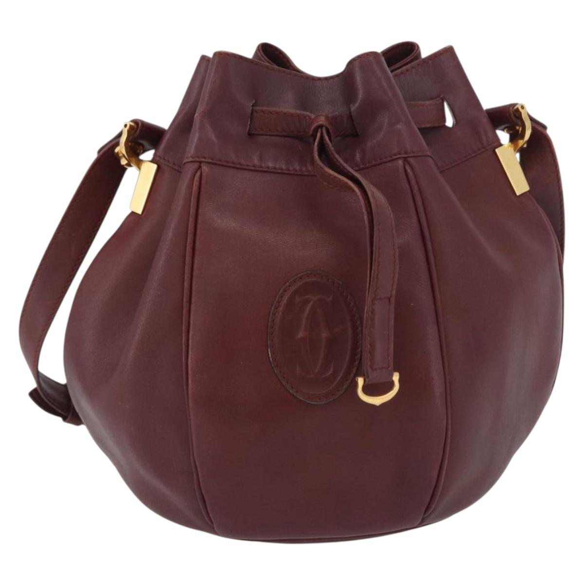 CARTIER Must Line Purse Shoulder Bag Leather Bordeaux Gold Auth BSZ168