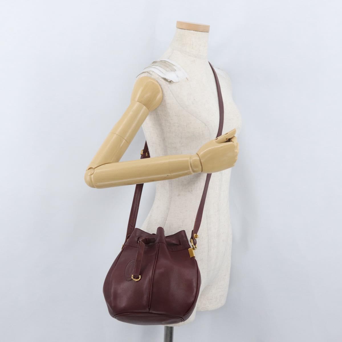 CARTIER Must Line Purse Shoulder Bag Leather Bordeaux Gold Auth BSZ168