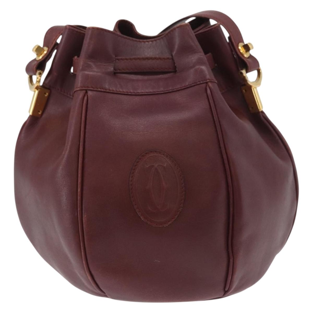 CARTIER Must Line Purse Shoulder Bag Leather Bordeaux Gold Auth BSZ168