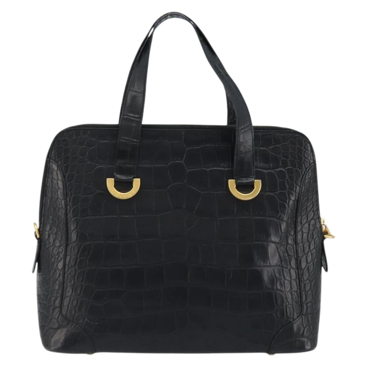 CELINE Hand Bag Embossed leather Black Gold Auth BSZ171
