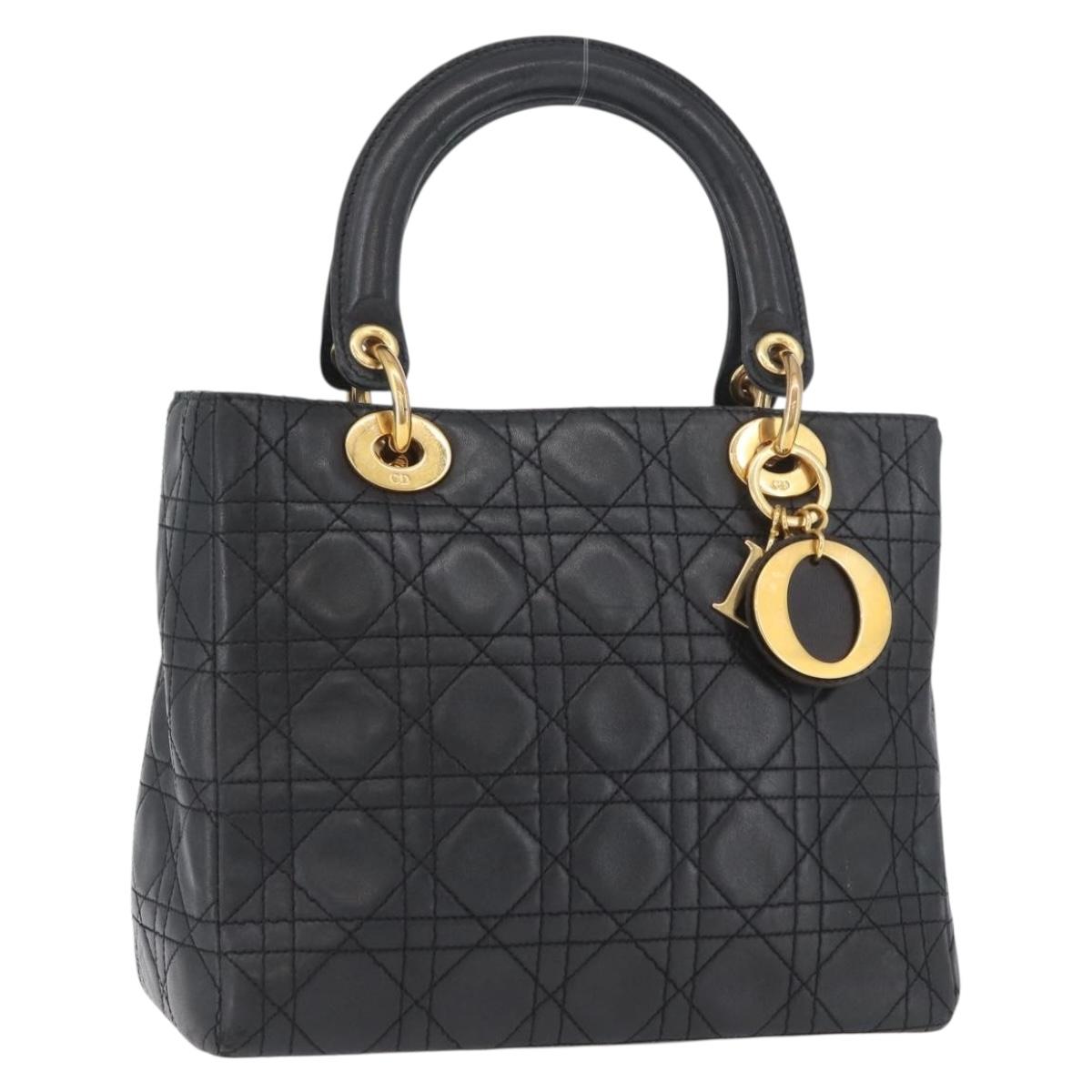 Christian Dior Lady Dior Canage Hand Bag Lamb Skin Black Gold Auth BSZ177SAV