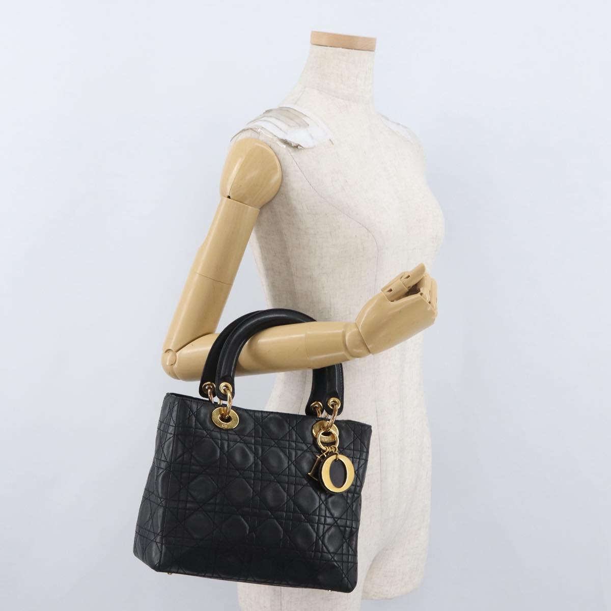 Christian Dior Lady Dior Canage Hand Bag Lamb Skin Black Gold Auth BSZ177SAV