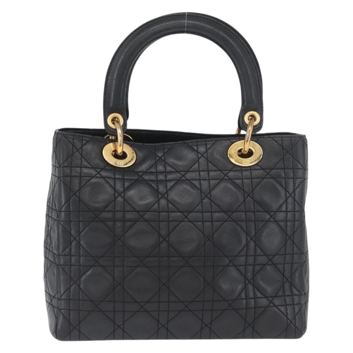 Christian Dior Lady Dior Canage Hand Bag Lamb Skin Black Gold Auth BSZ177SAV