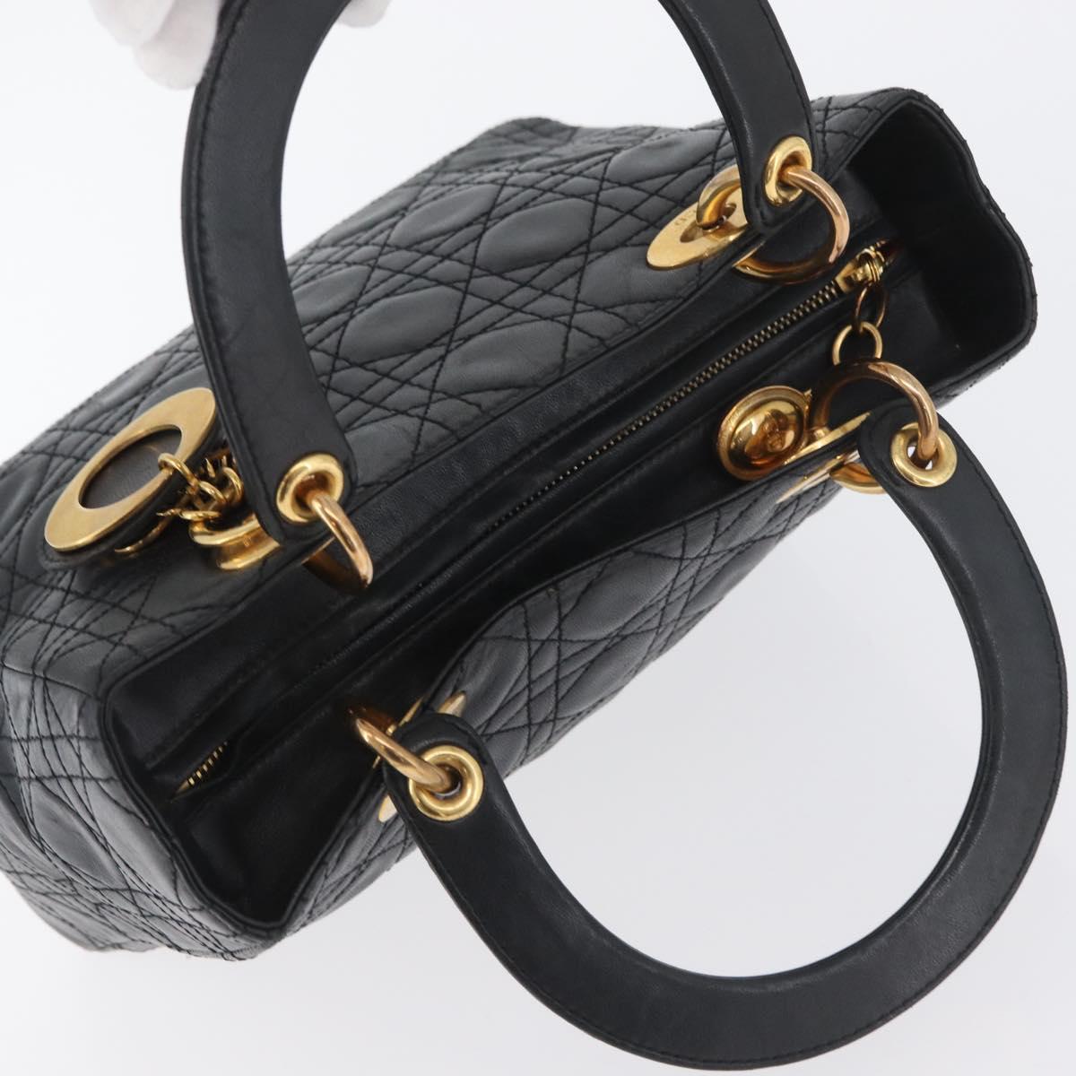 Christian Dior Lady Dior Canage Hand Bag Lamb Skin Black Gold Auth BSZ177SAV