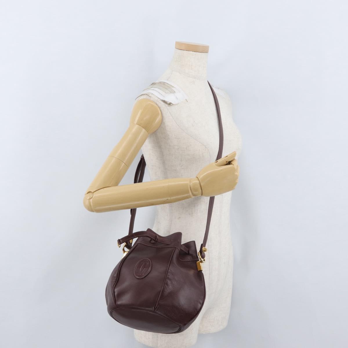 CARTIER Must Line Purse Shoulder Bag Leather Bordeaux Gold Auth BSZ197