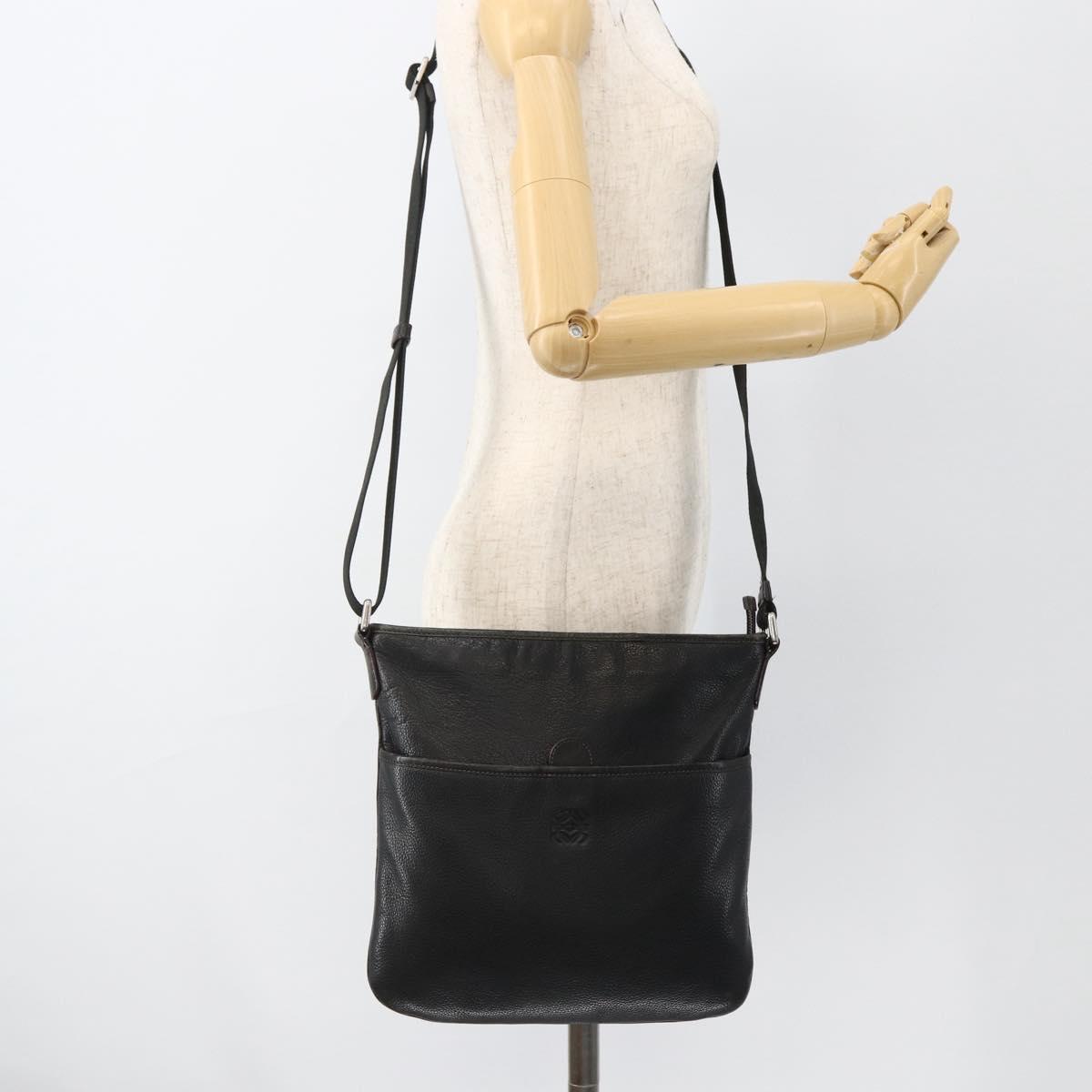 LOEWE Anagram Shoulder Bag Leather Black Silver Auth BSZ239