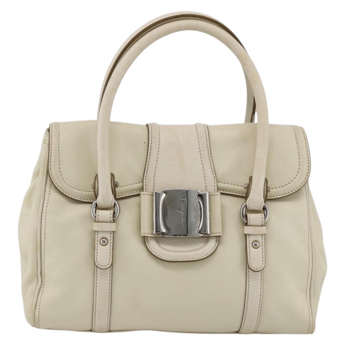 Salvatore Ferragamo Hand Bag Leather White Silver Auth BSZ241