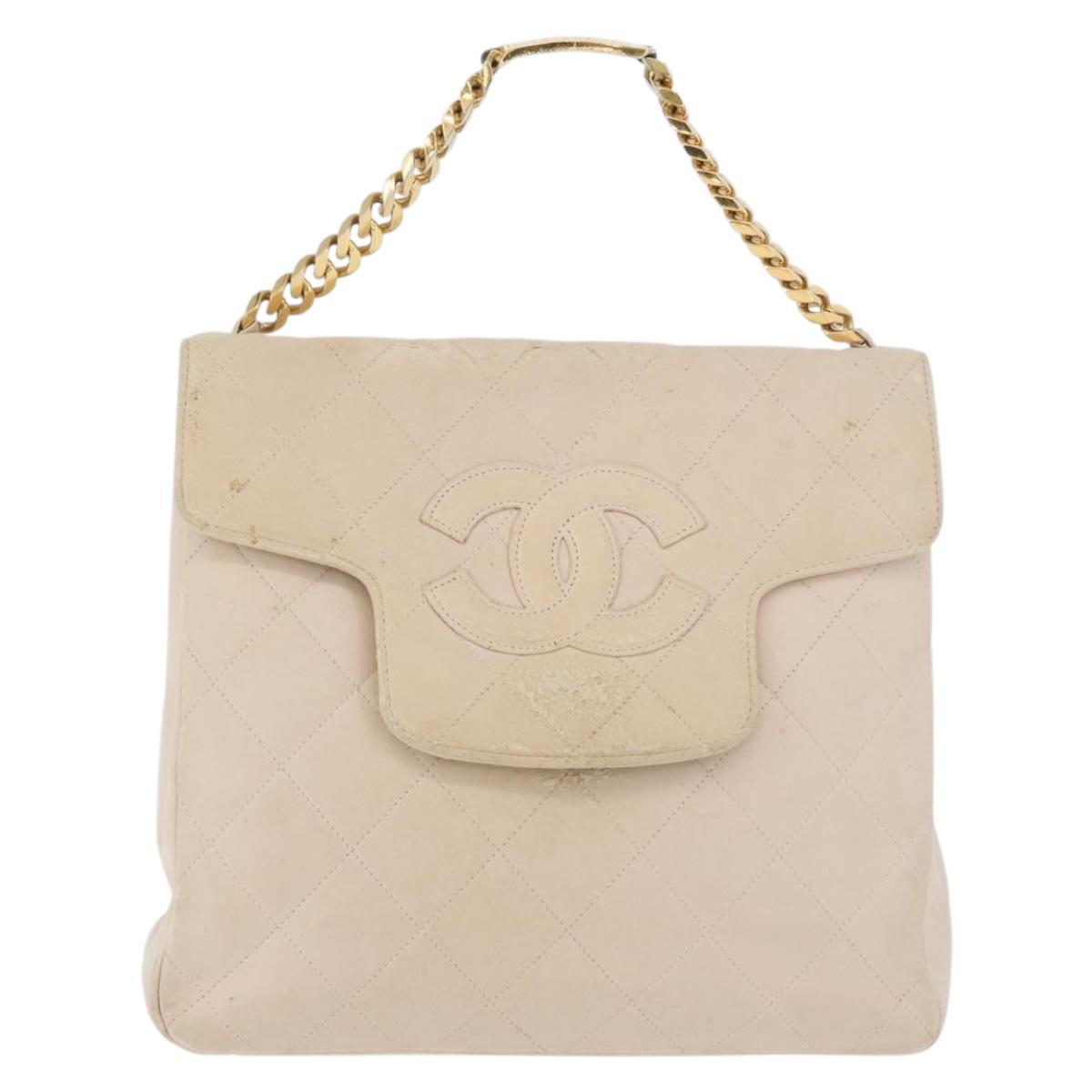 CHANEL Matelasse Chain Hand Bag Lamb Skin Beige Gold CC Auth BSZ256