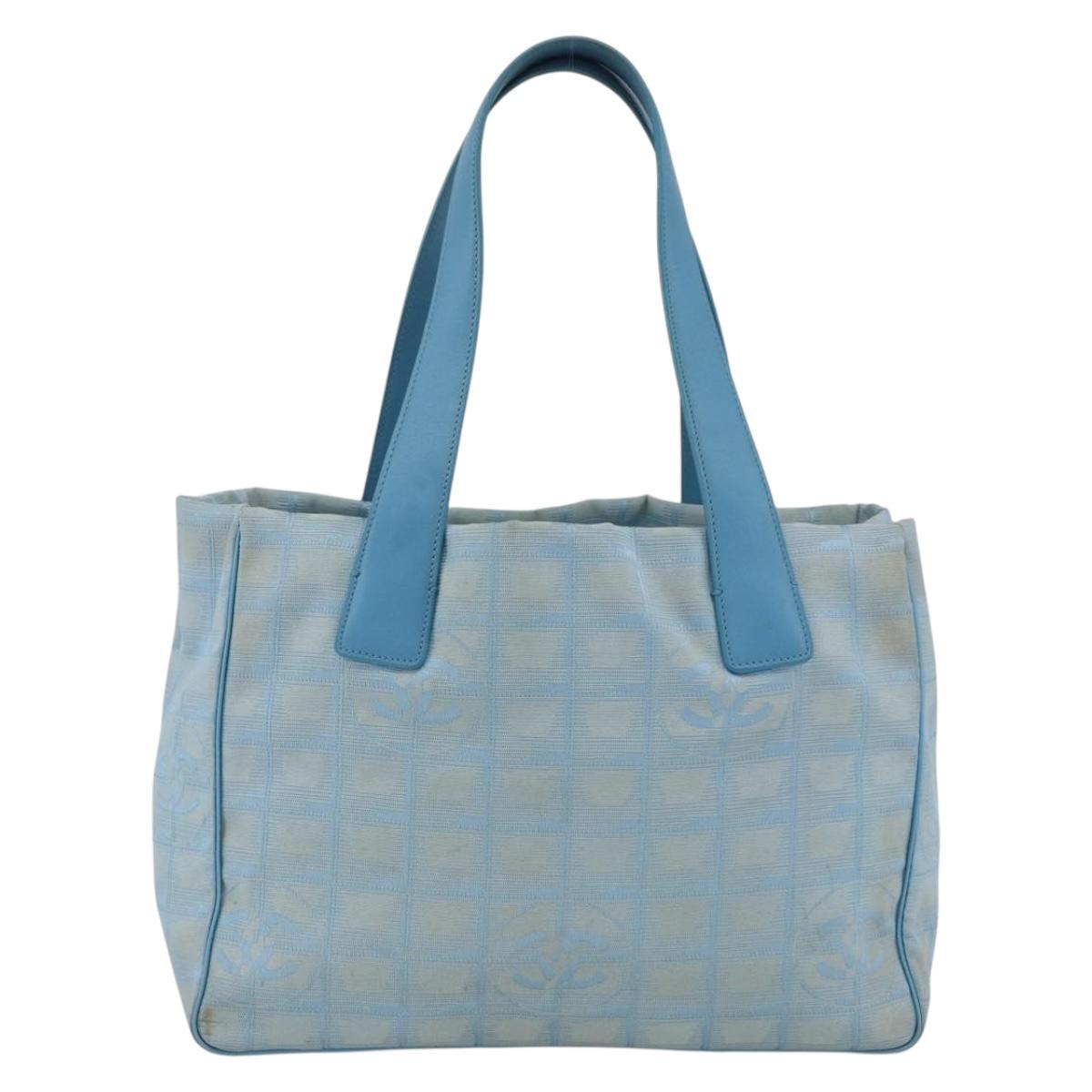 CHANEL New Travel Line Hand Bag Nylon Light Blue Silver CC Auth BSZ263