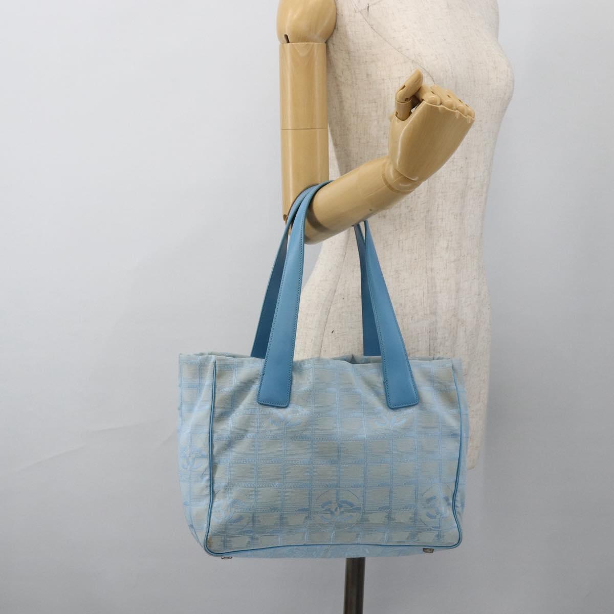 CHANEL New Travel Line Hand Bag Nylon Light Blue Silver CC Auth BSZ263
