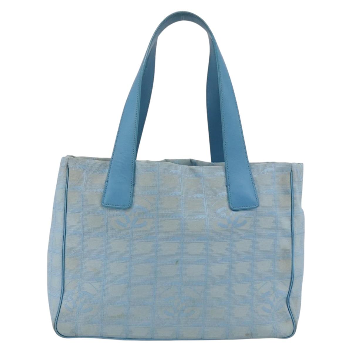 CHANEL New Travel Line Hand Bag Nylon Light Blue Silver CC Auth BSZ263