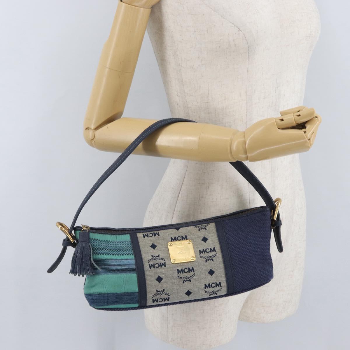 MCM Vicetos Logogram Shoulder Bag Canvas Blue Gold Auth BSZ289